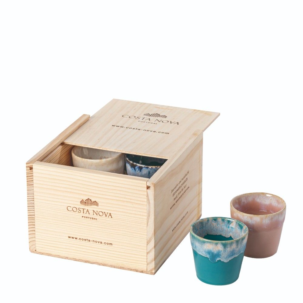 Wooden Box Set of 8 Espresso Cups - Sea Series - Ceramica De Meles