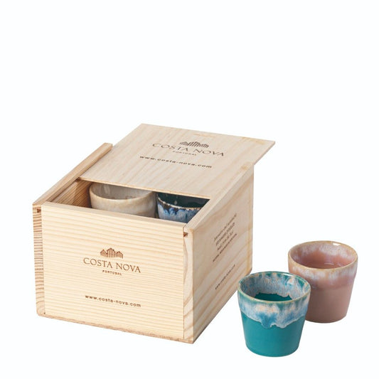 Wooden Box Set of 8 Espresso Cups - Sea Series - Ceramica De Meles