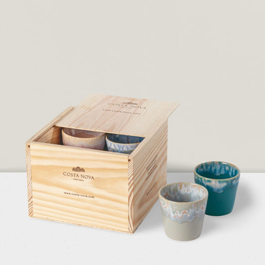 Wooden Gift box Set - Cappuccino Cups - Sea Series - Ceramica De Meles